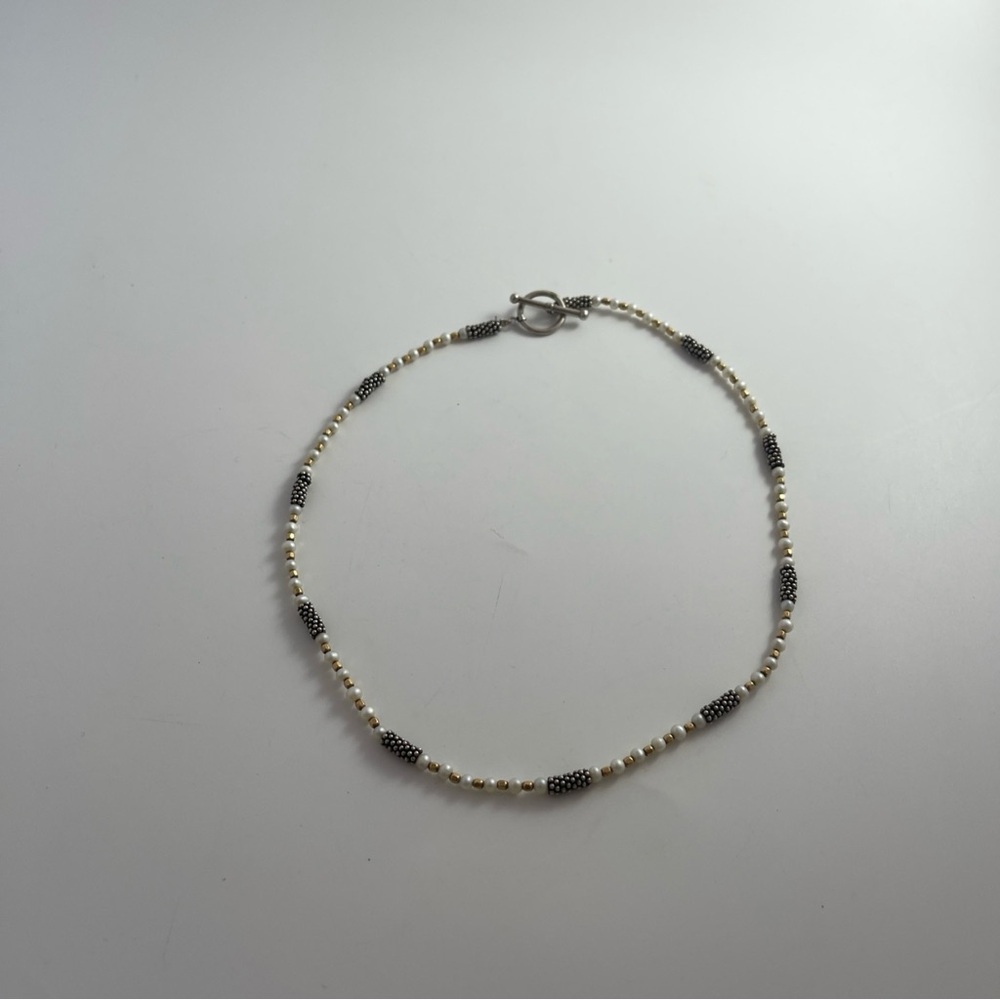 Silver, Gold Tone beads, pearls necklace 16”